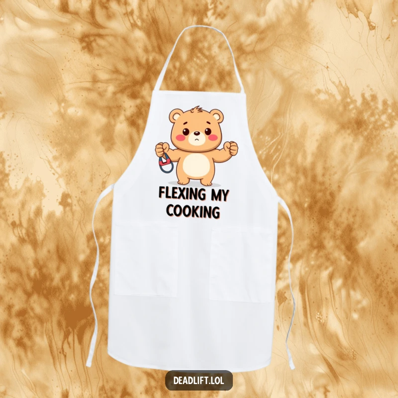 Funny apron with a strong Kawaii bear cub proudly displaying a resistance band, ready for kitchen workouts and culinary feats.