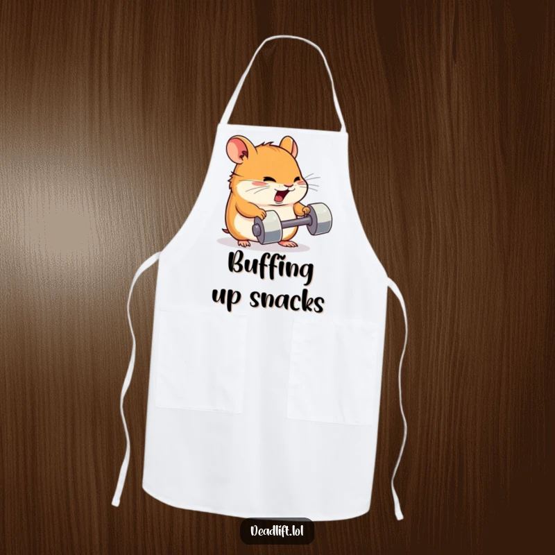 Funny Kawaii hamster character lifting a tiny dumbbell, featured on a functional and humorous apron for the kitchen.