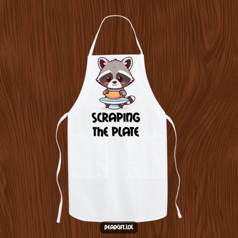Funny Kawaii raccoon character humorously balancing a plate while wearing a kitchen apron.