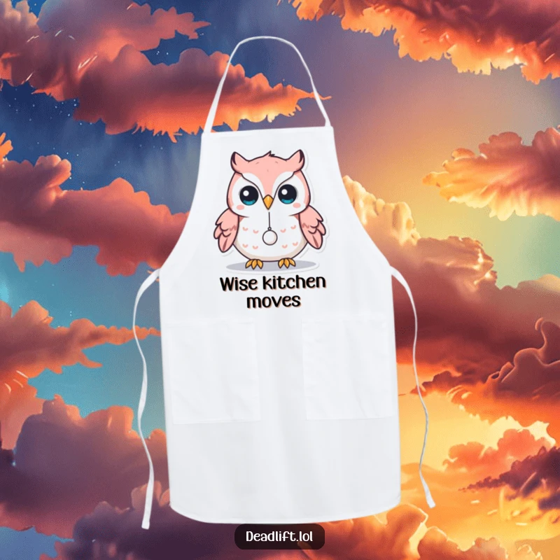 Funny Kawaii owl character balancing a tiny weight on its beak, featured on a functional and humorous apron.