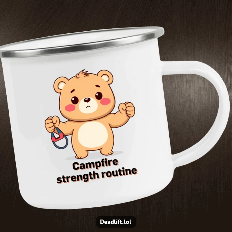Funny camping mug featuring a strong Kawaii bear cub proudly displaying a resistance band, perfect for active outdoor adventures.