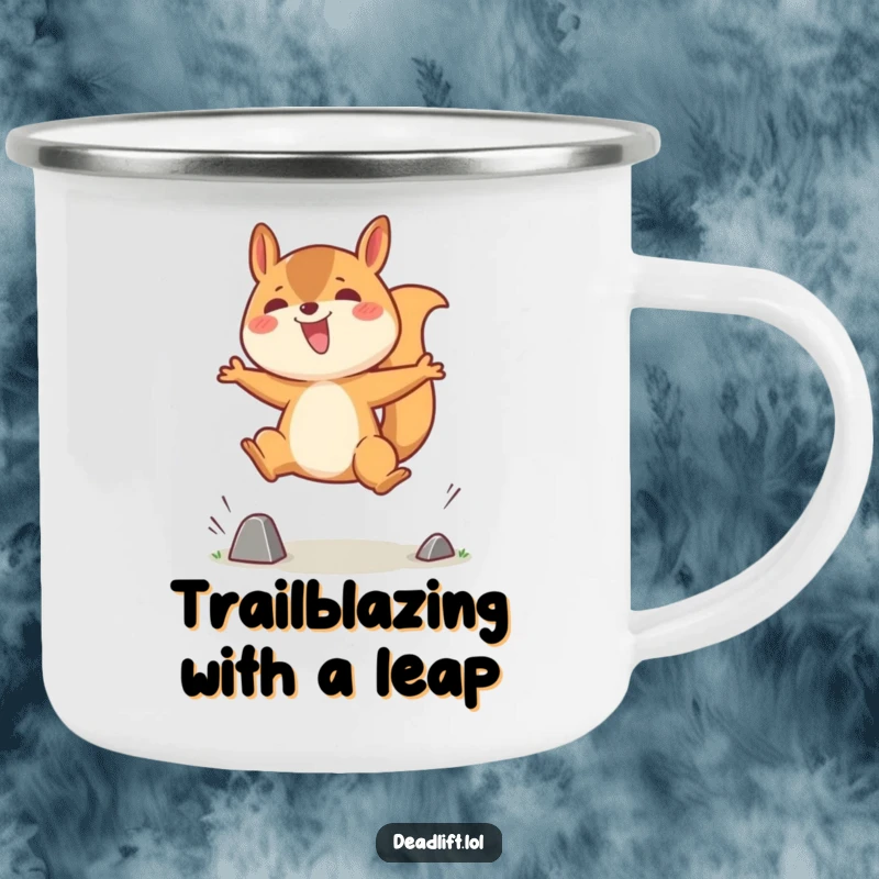 Funny camping mug featuring a jubilant Kawaii squirrel character joyfully jumping over a small obstacle, perfect for outdoor enthusiasts.