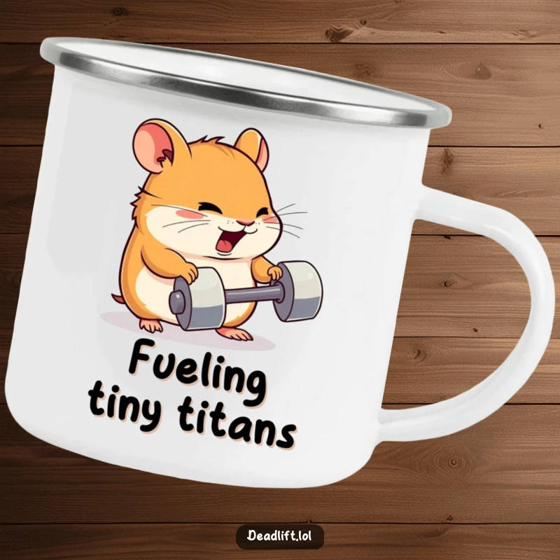 Funny Kawaii hamster character lifting a tiny dumbbell with great effort, designed for a durable and humorous camping mug.