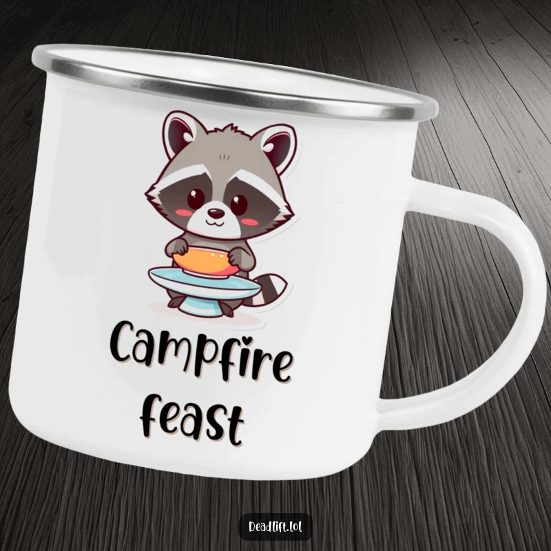 Funny Kawaii raccoon humorously balancing a plate on a rugged camping mug, ready for the outdoors.