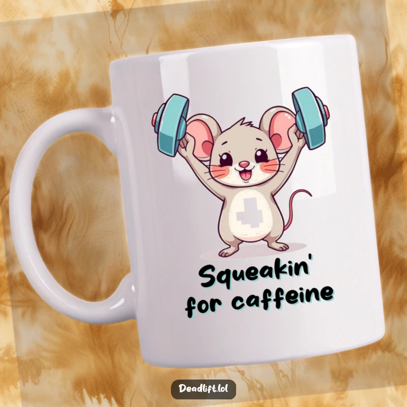 Funny Kawaii mouse character triumphantly holding a mini barbell overhead, radiating victory and humor on this mug.