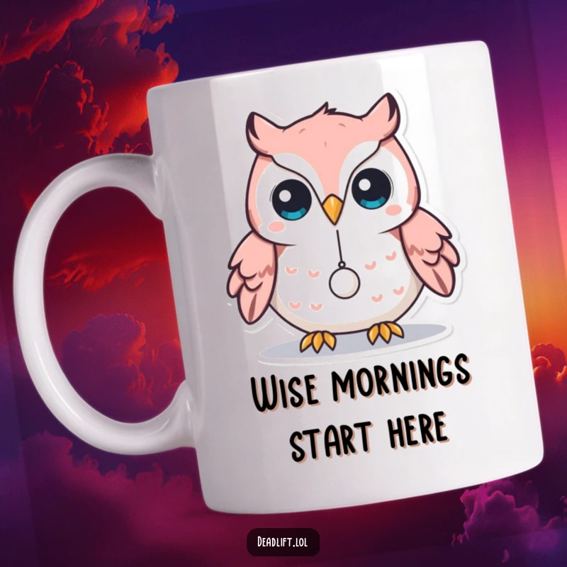 Funny Kawaii owl character intensely balancing a tiny weight on its beak, showcasing focus and humor on this mug.