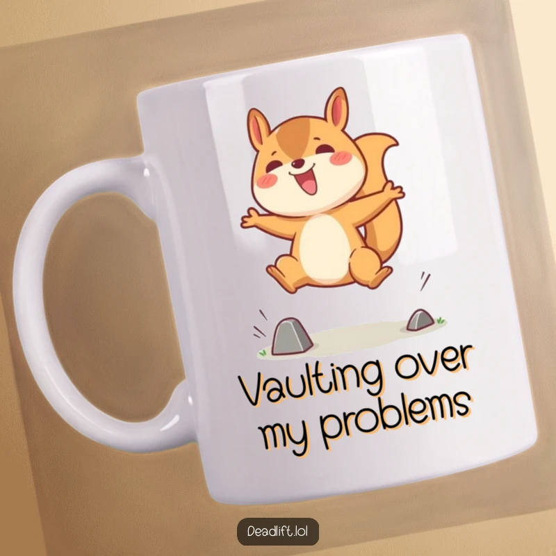 Funny mug featuring a jubilant Kawaii squirrel character enthusiastically jumping over a tiny, challenging obstacle with a joyful expression.