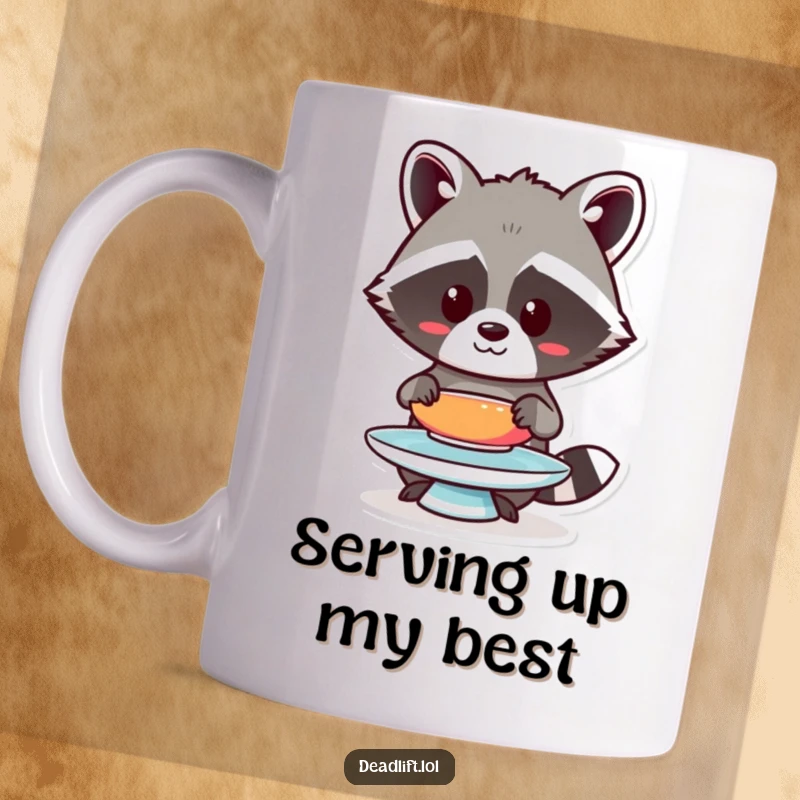 Funny Kawaii raccoon character, intensely focused, humorously balancing a single, vibrant plate.