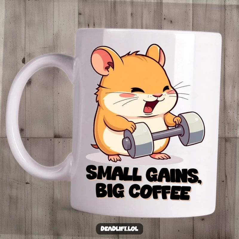 Funny Kawaii hamster character straining to lift a tiny dumbbell, showcasing determination and humor on this mug.