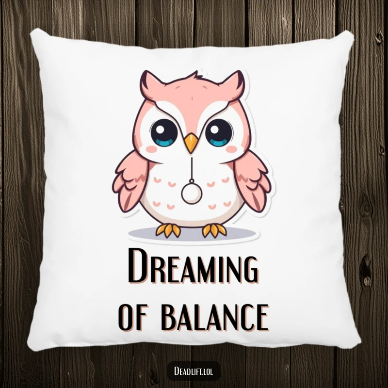 Funny Kawaii owl character balancing a minuscule weight on its beak, designed for a soft, humorous, and comfortable pillow.