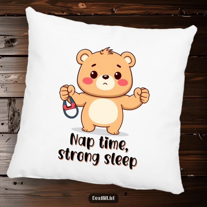 Funny pillow featuring a strong Kawaii bear cub proudly showing off a colorful resistance band, adding a touch of fitness charm.