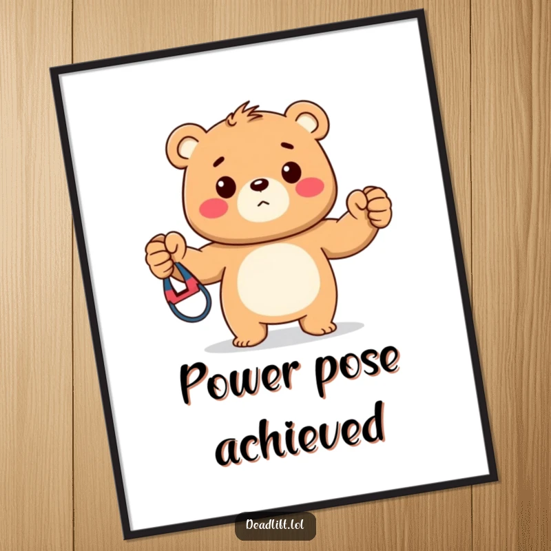 Funny digital art print of a strong Kawaii bear cub proudly showcasing a colorful exercise resistance band, inspiring fitness and joy.