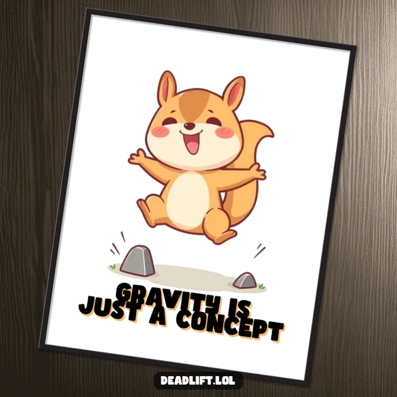 Funny digital art print of a jubilant Kawaii squirrel character leaping energetically over a small barrier, capturing pure, unadulterated joy.