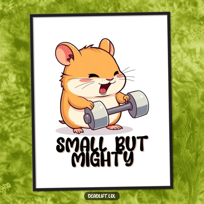 Funny Kawaii hamster character straining to lift a tiny dumbbell, available as a downloadable and humorous art print.