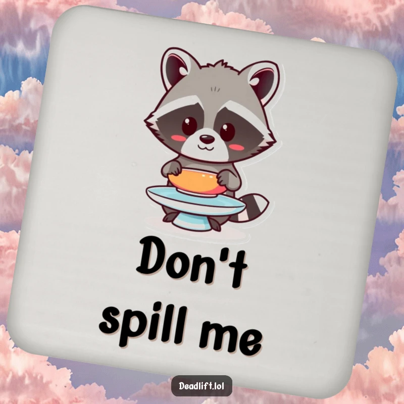 Funny Kawaii raccoon humorously balancing a plate on a durable drink coaster, adding focus.