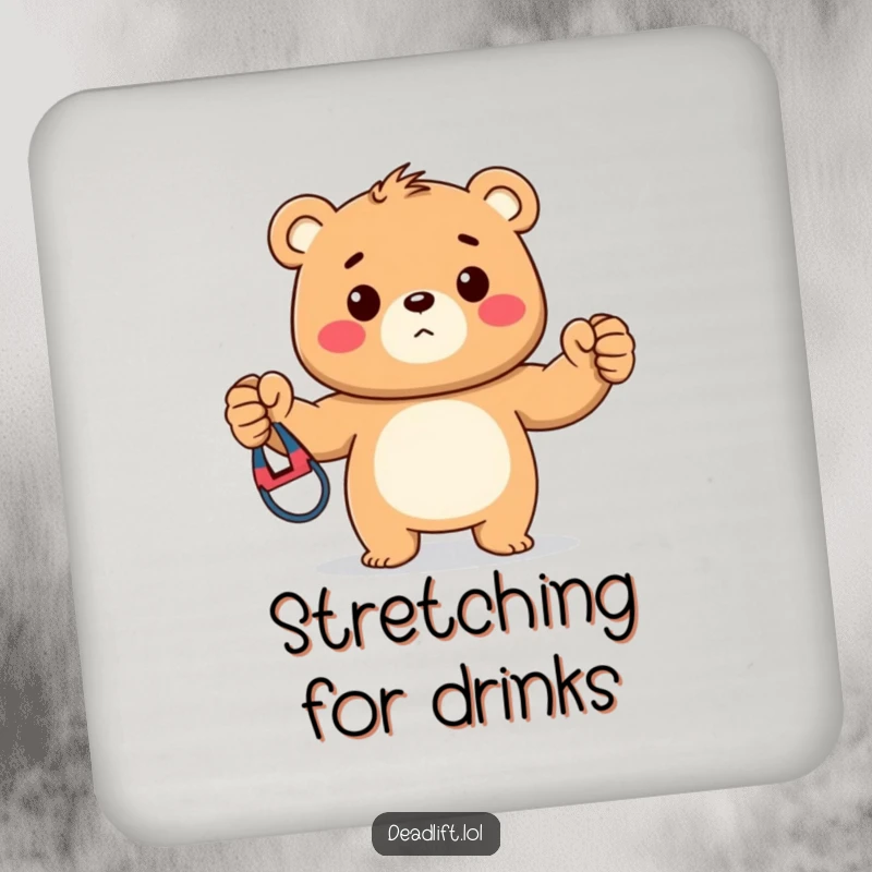 Funny drink coasters featuring a strong Kawaii bear cub proudly showing off a resistance band, adding a touch of fitness humor.