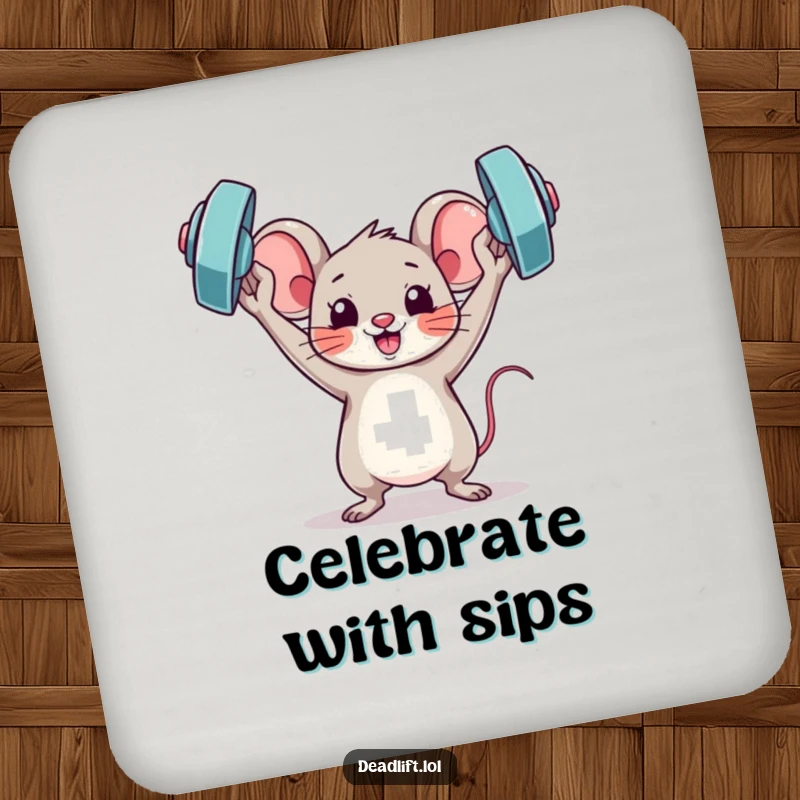 Funny Kawaii mouse character holding a miniature barbell triumphantly, depicted on a coaster for humorous surface protection.
