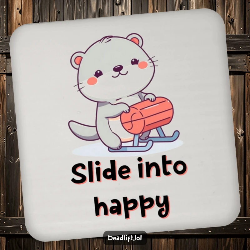 Funny Kawaii otter humorously pushing a sled on a durable drink coaster, adding winter cheer.