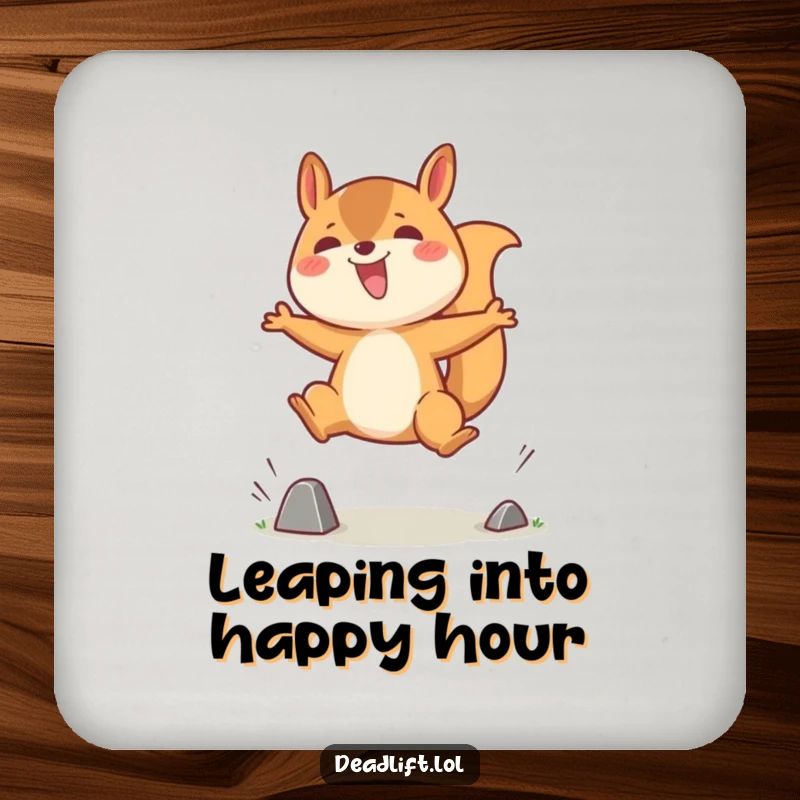 Funny drink coasters featuring a jubilant Kawaii squirrel character enthusiastically jumping over a tiny obstacle, protecting surfaces with cheer.