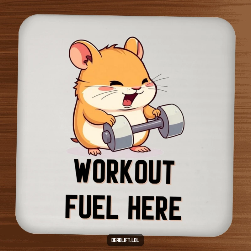 Funny Kawaii hamster character lifting a tiny dumbbell, depicted on a coaster for humorous surface protection.