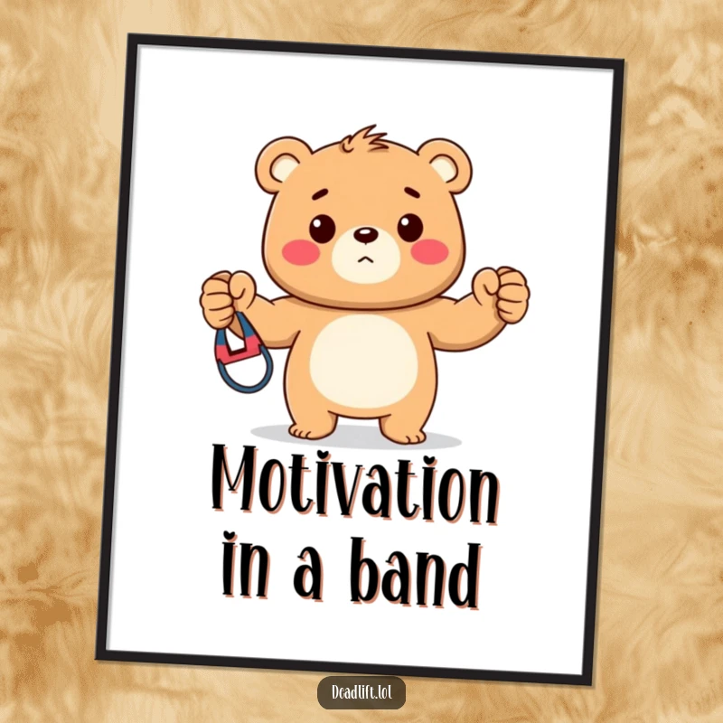 Funny poster print of a strong Kawaii bear cub proudly displaying a small, colorful exercise resistance band, embodying fitness motivation.