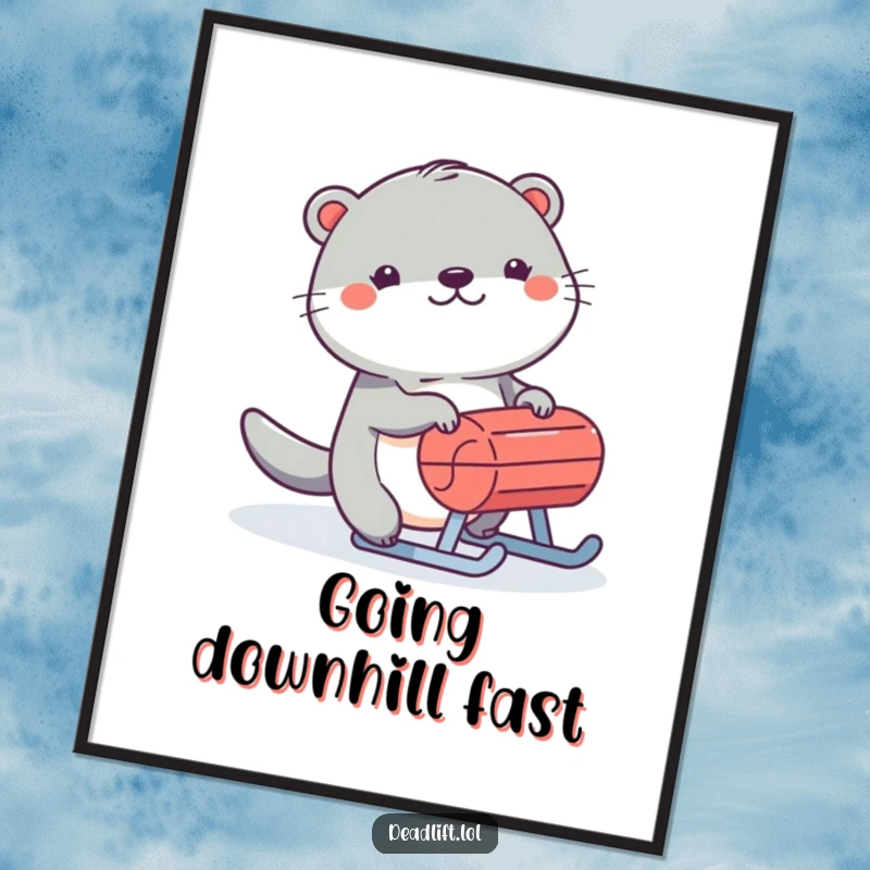 Funny Kawaii otter character, humorously pushing a small sled with great enthusiasm in a winter scene.