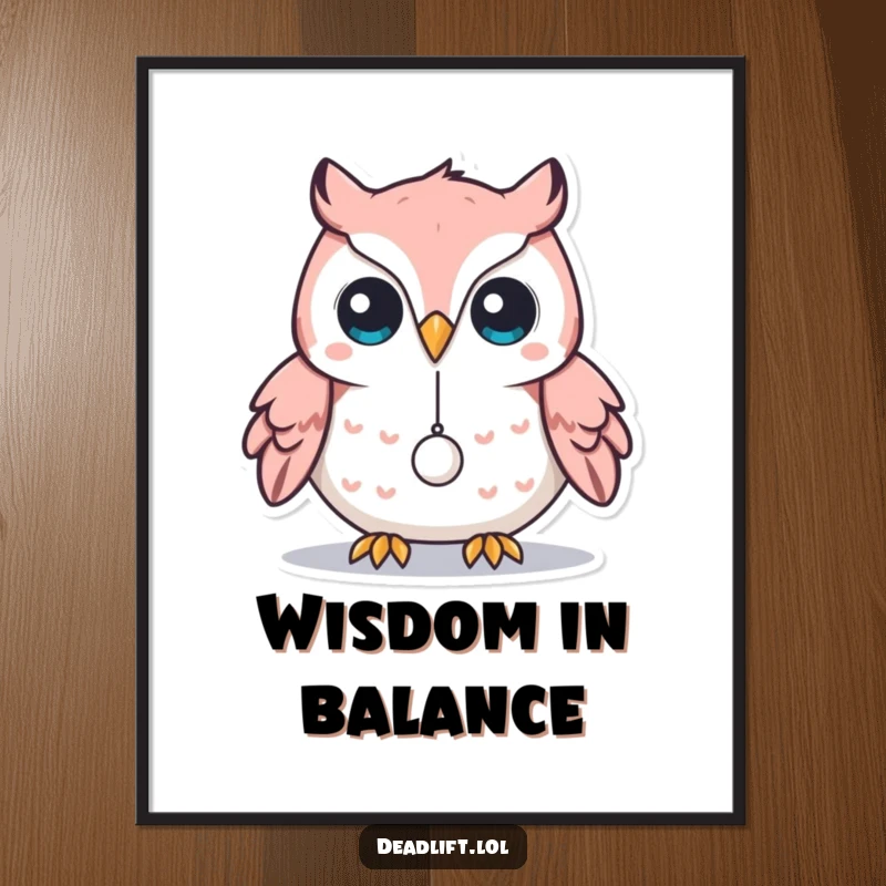 Funny Kawaii owl character delicately balancing a tiny weight on its beak, creating humorous and intellectual wall art.