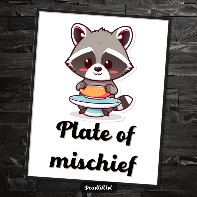 Funny Kawaii raccoon character, humorously balancing a single, vividly colored plate with intense concentration.