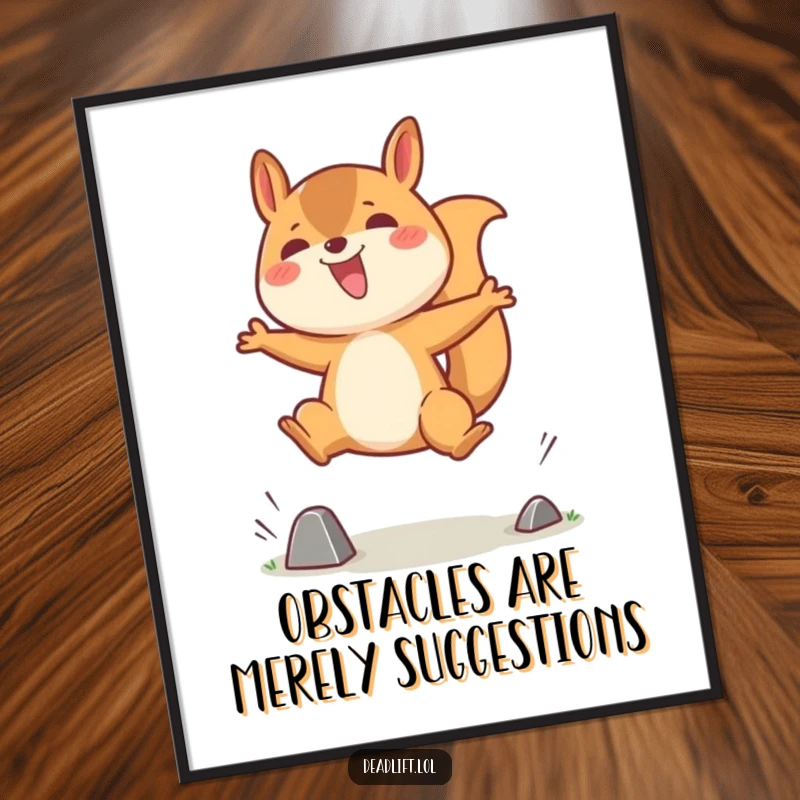 Funny poster print of a jubilant Kawaii squirrel character heroically jumping over a small barrier with incredible, cartoonish enthusiasm.