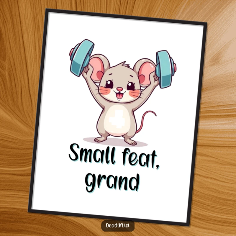 Funny Kawaii mouse character triumphantly holding a mini barbell overhead, creating humorous and motivating wall art.
