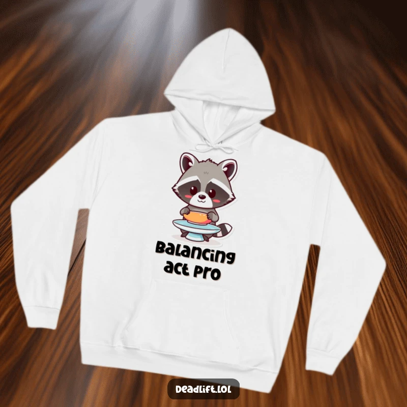 Funny Kawaii raccoon character, looking serious and determined, humorously wearing a hoodie while balancing a plate.