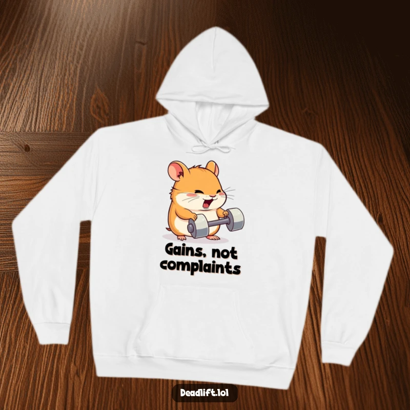Funny Kawaii hamster character lifting a tiny dumbbell with great effort, designed for a cozy and humorous hoodie.
