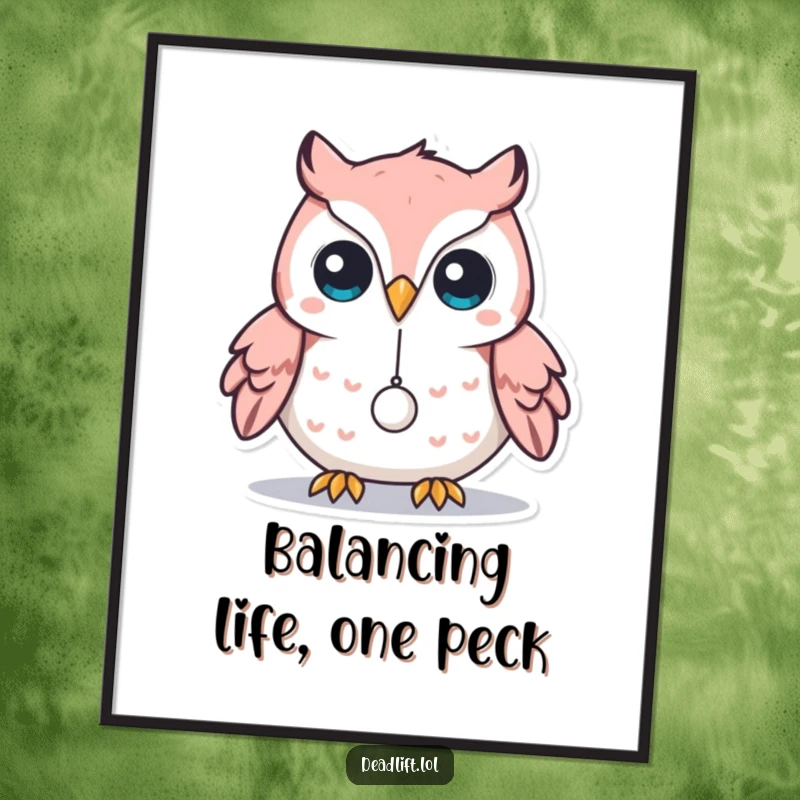 Funny Free Printable Wall Art: A focused Kawaii owl carefully balancing a single, minuscule weight on its beak.