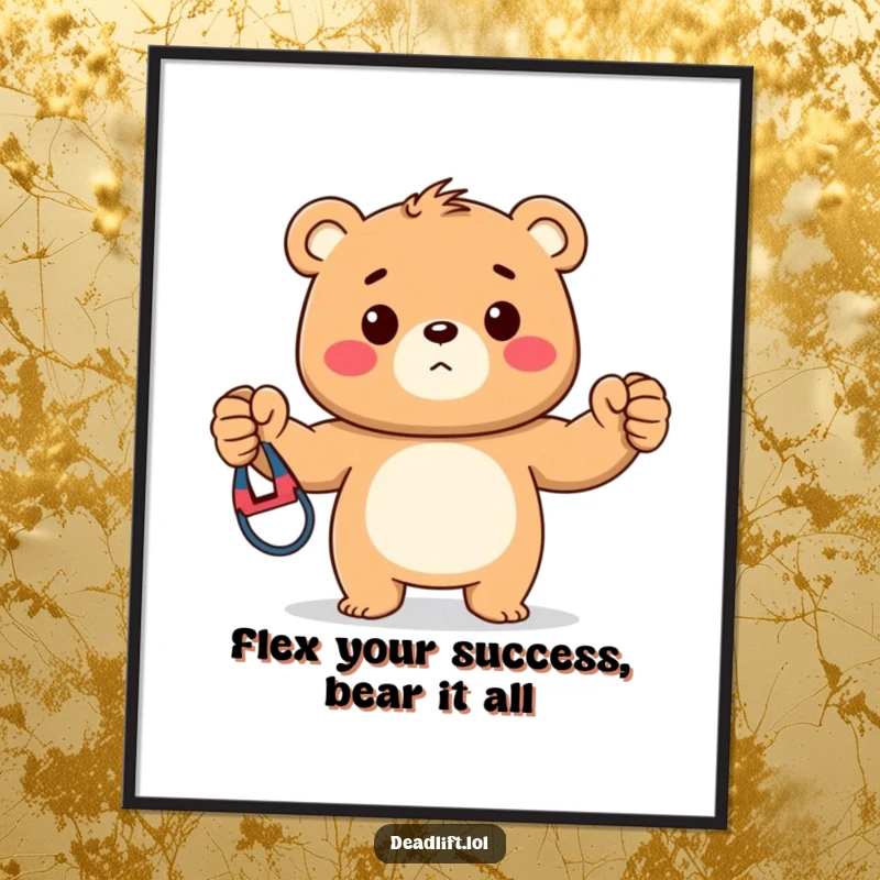 Funny Free Printable Wall Art: A proud Kawaii bear cub flexing with a colorful resistance band, exuding strength.