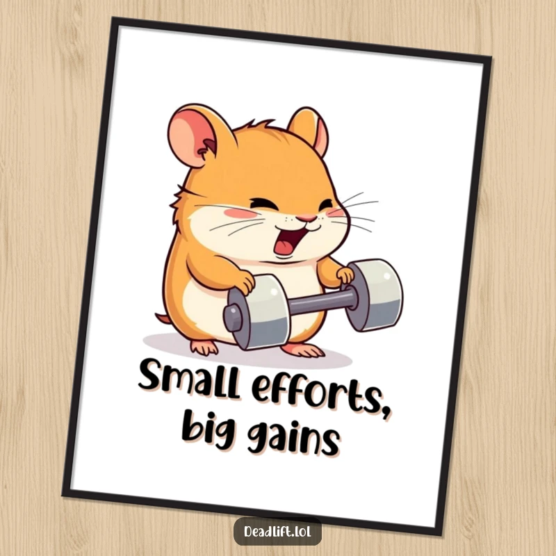 Funny Free Printable Wall Art: A determined Kawaii hamster straining to lift a very small dumbbell.