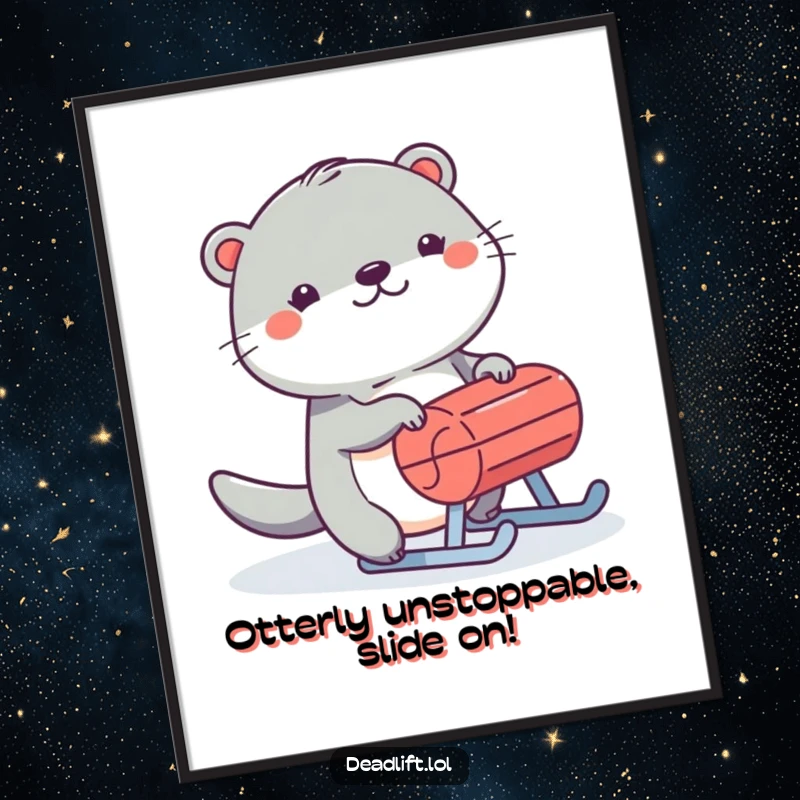 Funny Free Printable Wall Art: Cute Kawaii otter gleefully pushing a small, weighted sled through a wintery landscape.