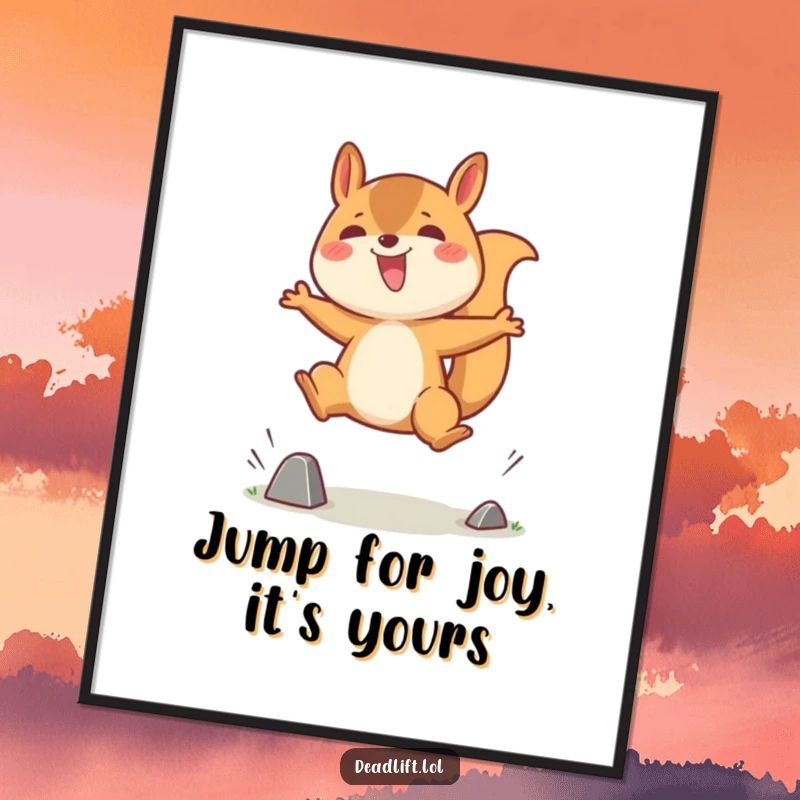 Funny Free Printable Wall Art: A happy Kawaii squirrel leaping dynamically over a tiny obstacle, full of energy.