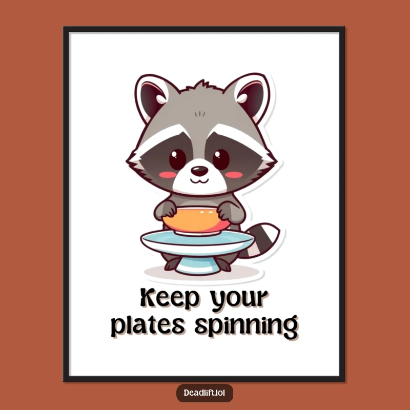 Funny Free Printable Wall Art: Focused Kawaii Raccoon Balancing Plate, Downloadable Decor