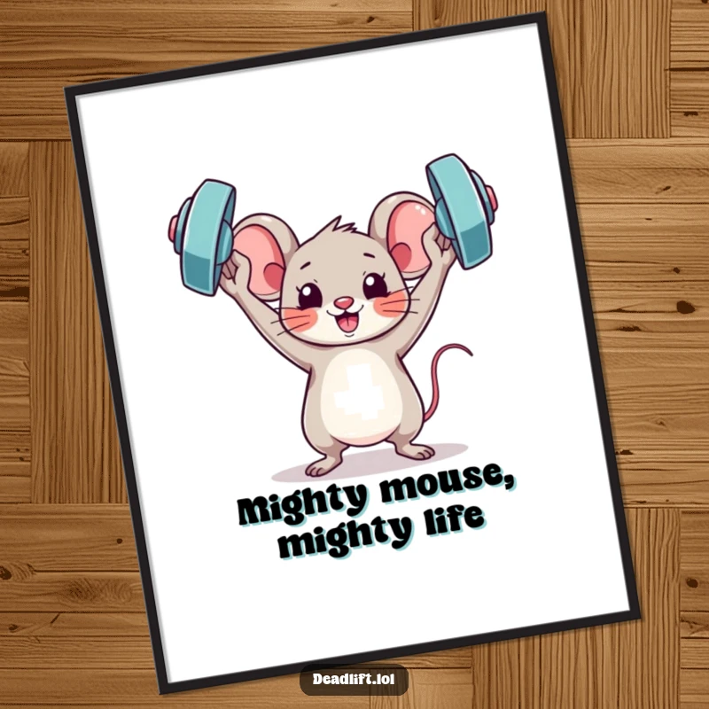 Funny Free Printable Wall Art: A triumphant Kawaii mouse holding a miniature barbell overhead in victory.