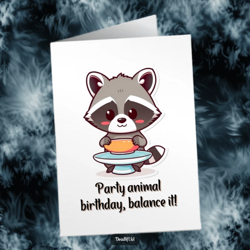 Funny Free Printable Birthday Card: Focused Kawaii raccoon carefully balancing a single, colorful plate, concentrating hard.