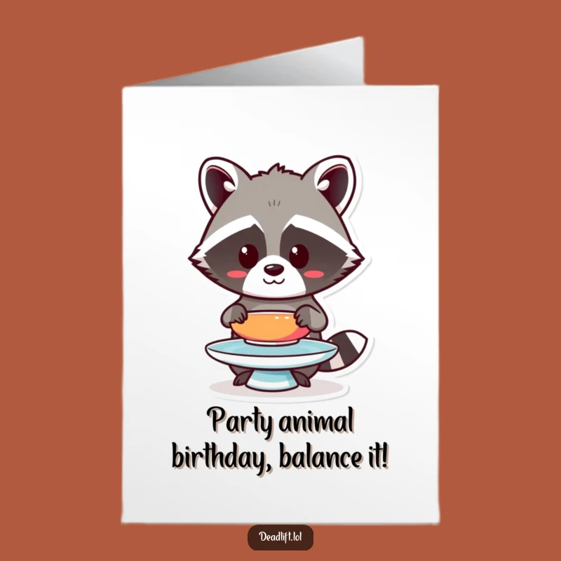 Free Printable Birthday Card: Focused Kawaii Raccoon Balancing Plate!, Downloadable