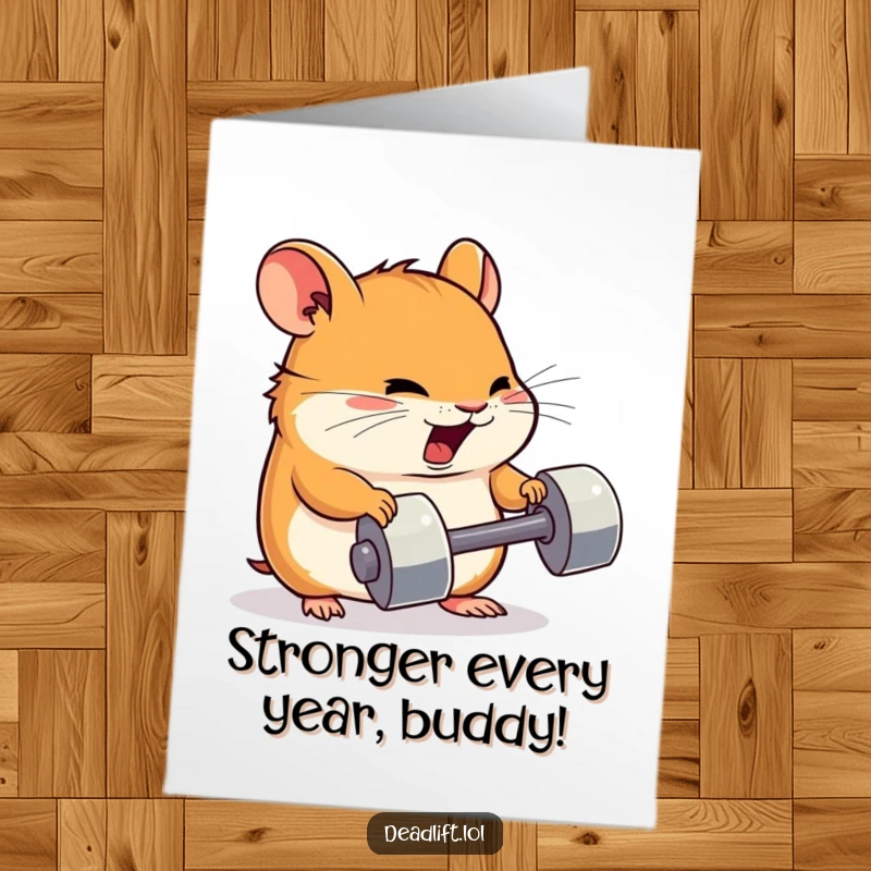 Funny Free Printable Birthday Card: Determined Kawaii hamster straining to lift a tiny dumbbell.