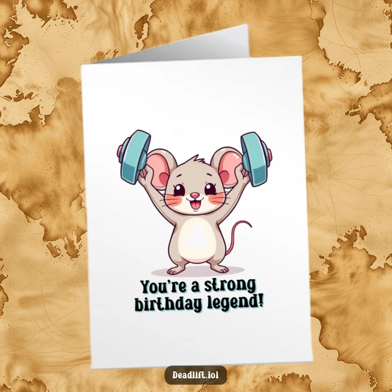 Funny Free Printable Birthday Card: Triumphant Kawaii mouse holding a miniature barbell overhead.