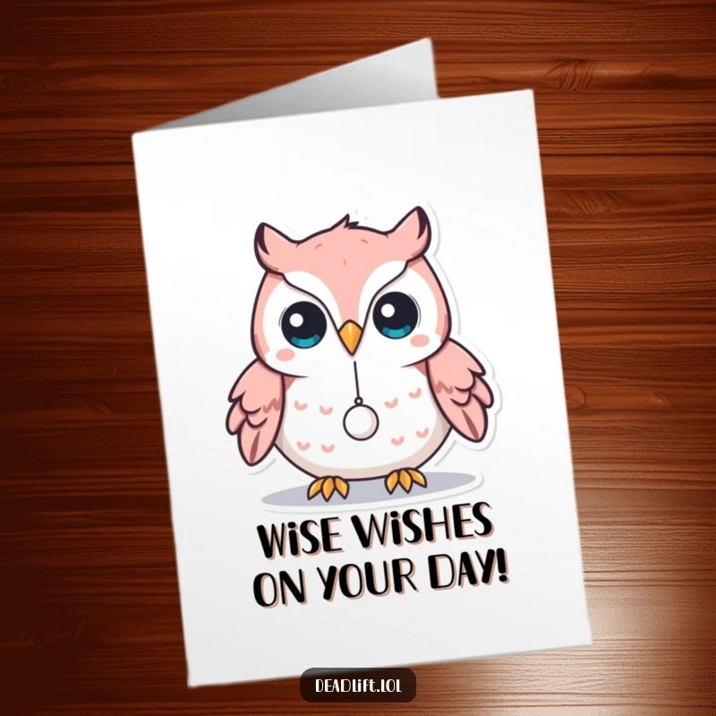 Funny Free Printable Birthday Card: Focused Kawaii owl balancing a tiny weight on its beak.