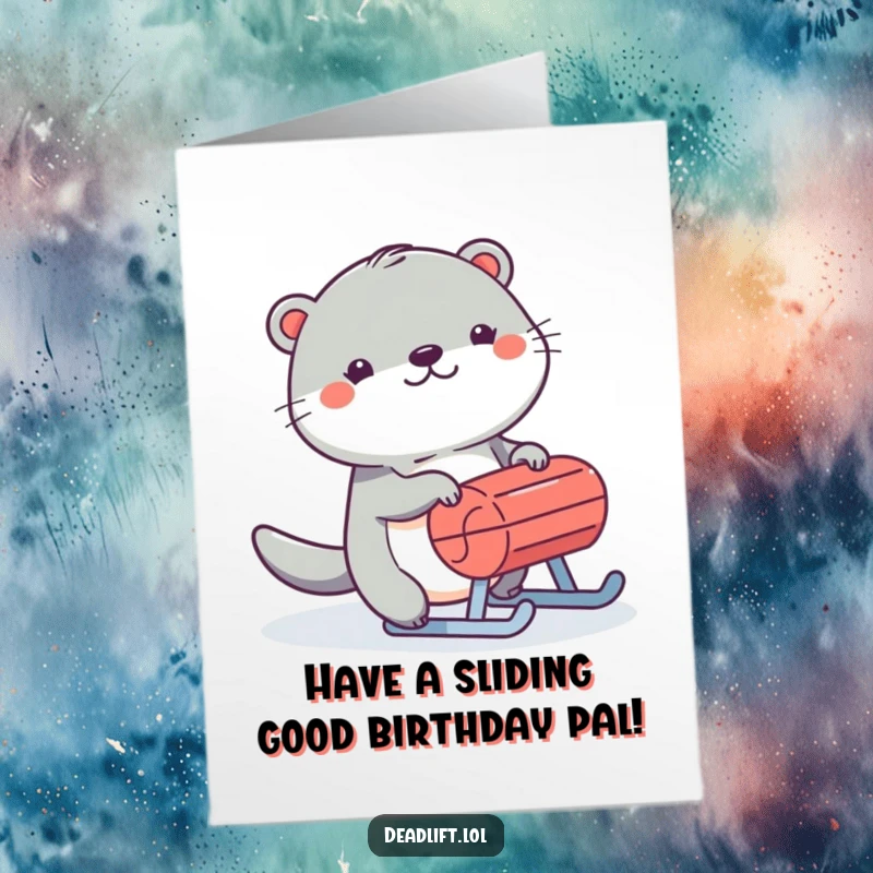 Funny Free Printable Birthday Card: Cheerful Kawaii otter gleefully pushing a small, weighted sled, enjoying the snow.