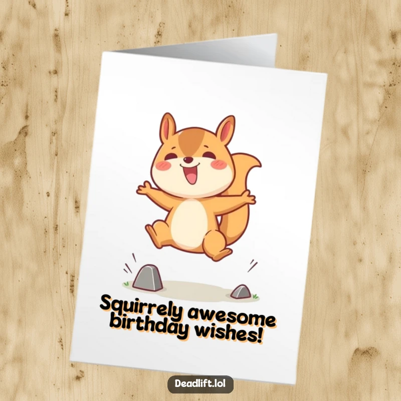 Funny Free Printable Birthday Card: Kawaii squirrel leaping with glee over a small hurdle, capturing pure excitement.