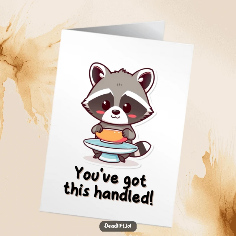 Funny Free Printable Congrats Card: Determined Kawaii raccoon expertly balancing a colorful plate, signifying success.