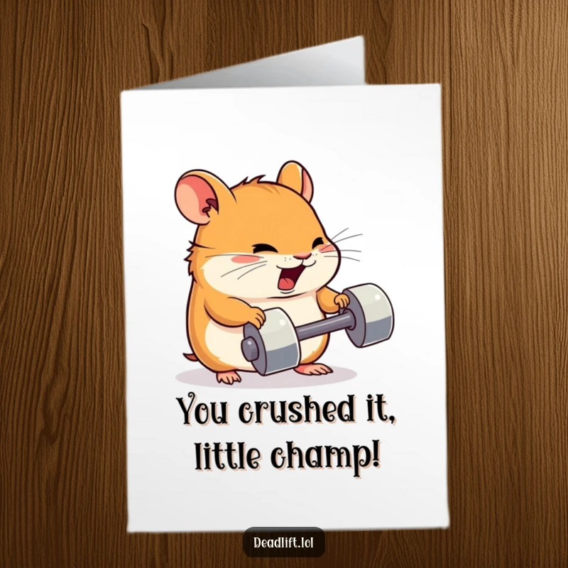 Funny Free Printable Congratulations Card: Determined Kawaii hamster lifting a minuscule dumbbell with effort.