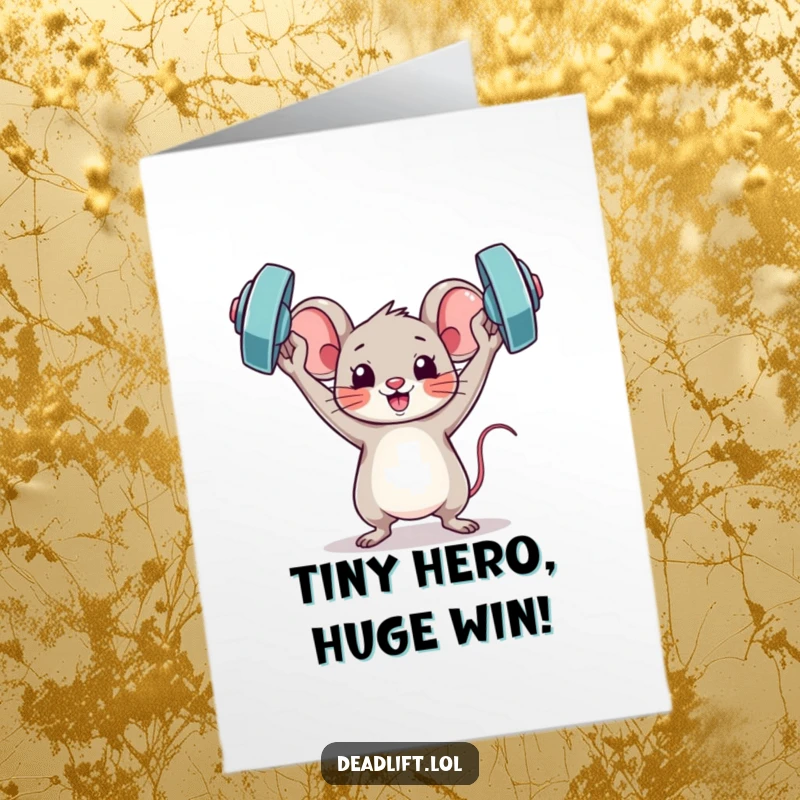 Funny Free Printable Congratulations Card: Triumphant Kawaii mouse lifting a tiny barbell with pride.