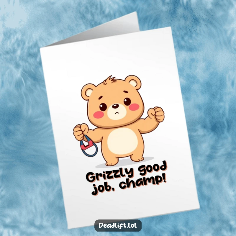 Funny Free Printable Congratulations Card: A determined Kawaii bear cub proudly displaying a resistance band, symbolizing strength.